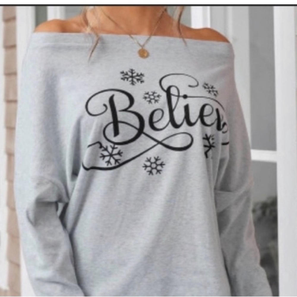 Believe light weight  sweatshirt over the shoulder or on shoulder over cami
